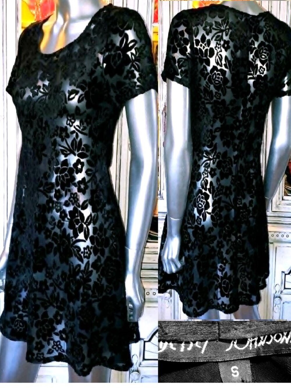 Vintage Betsey Johnson Dress Y2K 90s Black Label Sheer Floral Burnout Velvet S